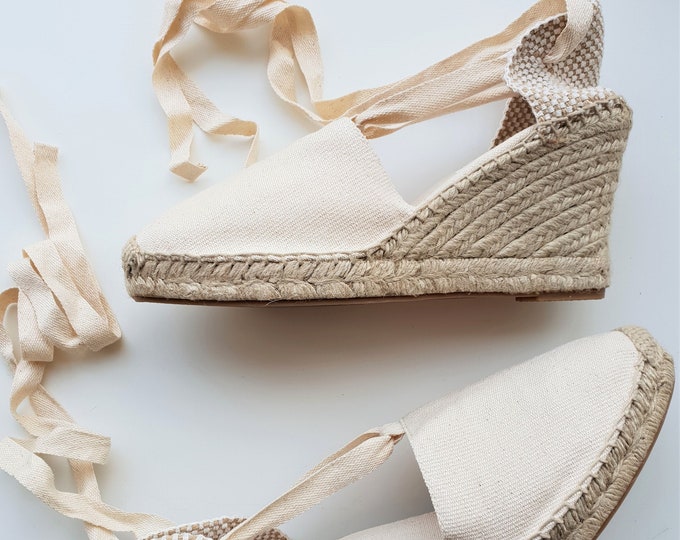 Lace Up espadrille shoes - high heel wedges - VISIBLE SEAM / IVORY - handmade in spain - comfy sturdy vegan sustainable eco-friendly