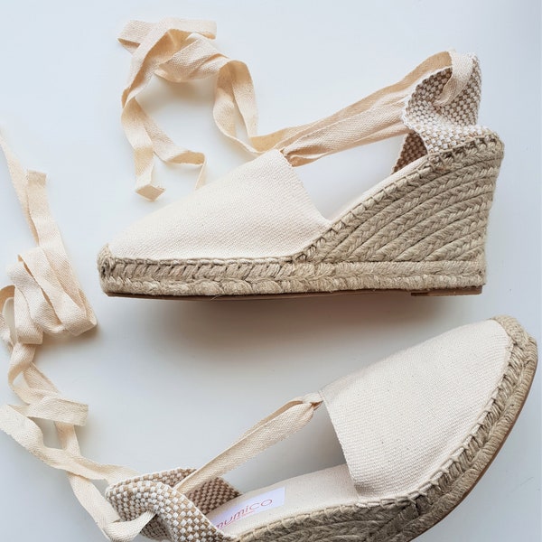 Lace Up espadrille shoes - high heel wedges - VISIBLE SEAM / IVORY - handmade in spain - comfy sturdy vegan sustainable eco-friendly