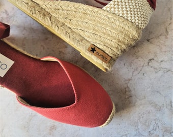 ESPADRILLES wEDGE pUMPS - CHERRY RED - organic vegan sustainable - Lace Up  (7cm - 2.76i) - front stitching - Made in Spain - vegan