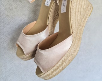 Beige Satin Ankle strap Espadrille Platform Wedges - peep toes - BRIDES COLLECTION- Made In Spain