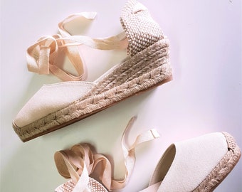 ESPADRILLES WEDGES - PUMPS - organic vegan sustainable - Lace Up  (5cm - 1.97i) - front stitching/ ivory - Made in Spain