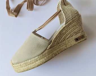 Lace Up espadrille high wedges with platform (8cm-3.15i) - SAND - Made in Spain - www.mumicospain.com