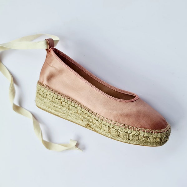 Lace up DUSTY PINK SATIN ballerinas - 4cm mini wedges (1.57i) - made in Spain - ecologic, sustainable, vegan