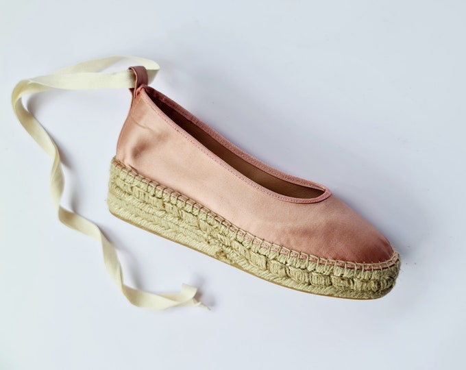 Featured listing image: Lace up DUSTY PINK SATIN ballerinas - 4cm mini wedges (1.57i) - made in Spain - ecologic, sustainable, vegan