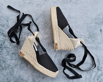 Lace Up espadrille wedges with platform (10cm - 3.94i) - BLACK - Made in Spain - natural, vegan, sustainable