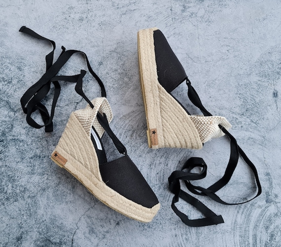 size EU 38 / US 7.5: Lace Up pump espadrille wedges with platform (10cm - 3.94i) - BLACK - Made in Spain - natural, vegan, sustainable
