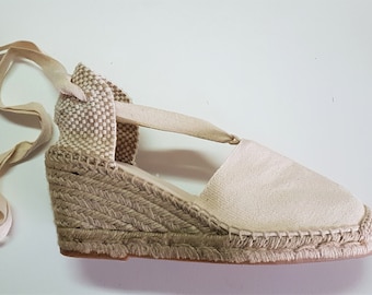 size EU 36 / US 6: Lace Up espadrille high wedges (7cm-2.76i) - visible seam / IVORY - Made in Spain - vegan, natural, sustainable
