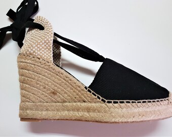 size EU 35 / US 5: espadrille platform wedges - lace-up - valencian - black canvas - made in Spain - organic, ecologic, sustainable shoes