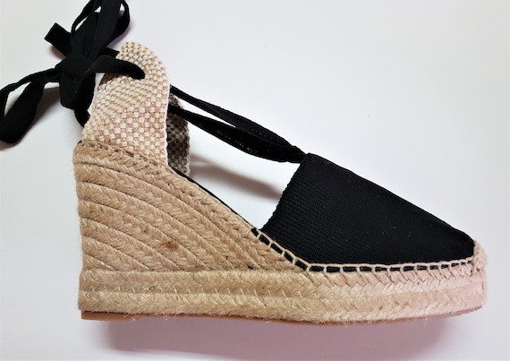 size EU 35 / US 5: espadrille platform wedges - lace-up - valencian - black canvas - made in Spain - organic, ecologic, sustainable shoes
