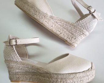 ESPADRILLES WEDGES PLATFORM - Ankle strap espadrille low wedges with platform -  ivory canvas - made in Spain - organic sustainable fashion