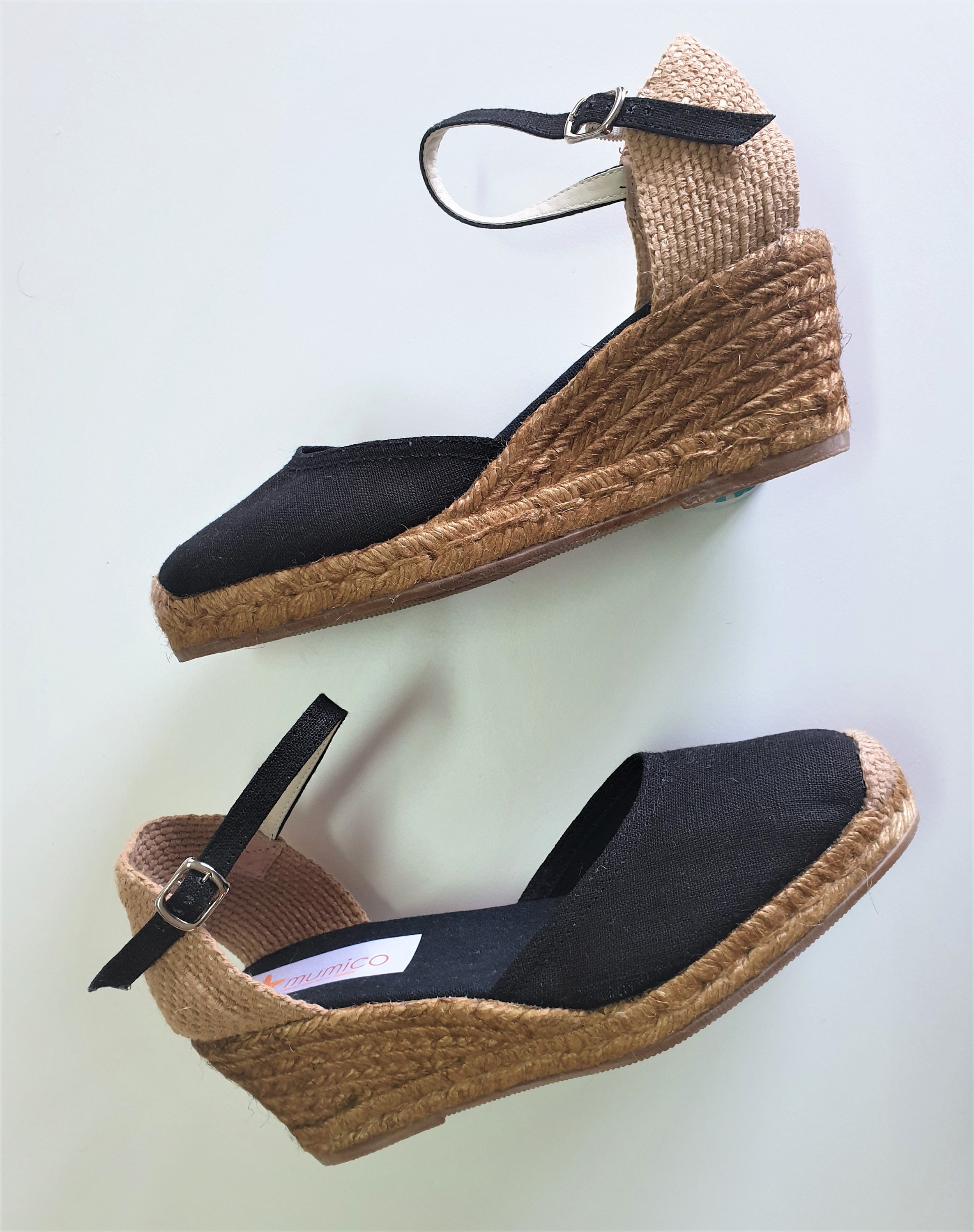 Ankle Strap Espadrille WEDGES BLACK LINEN Made in Spain