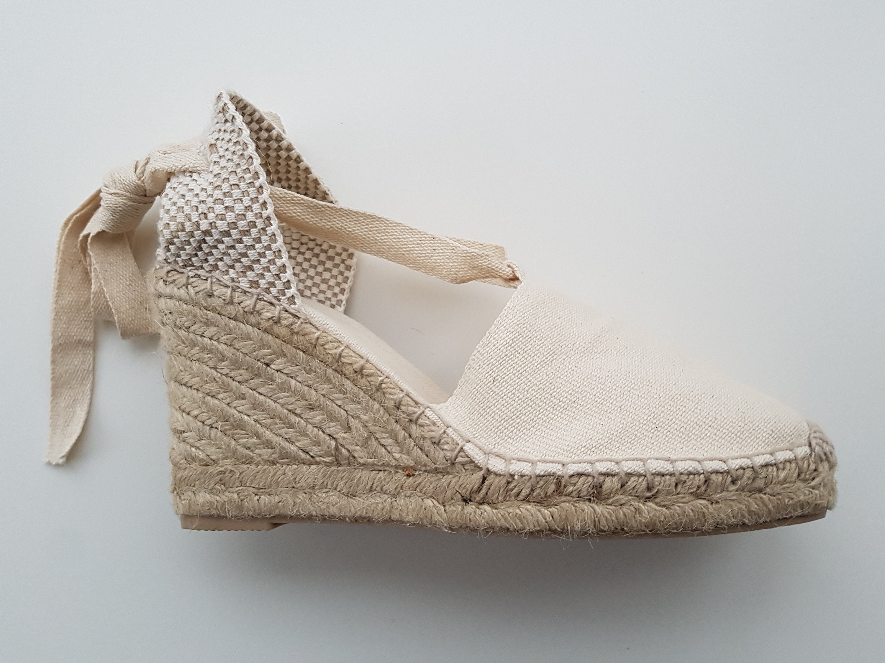 Lace Up espadrille shoes high heel wedges VISIBLE SEAM / IVORY