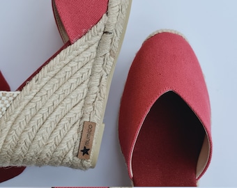 ESPADRILLES WEDGES - PUMPS - organic vegan sustainable - Lace Up  (9cm - 3.54i) - front stitching/ red cherry canvas - Made in Spain - vegan