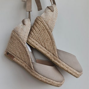 ESPADRILLES WEDGES - pumps - organic vegan sustainable - Lace Up  (9cm - 3.54i) - front stitching/ SAND canvas - Made in Spain - vegan