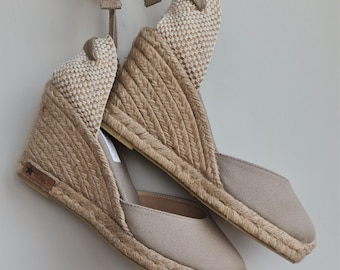 ESPADRILLES WEDGES - pumps - organic vegan sustainable - Lace Up  (9cm - 3.54i) - front stitching/ SAND canvas - Made in Spain - vegan