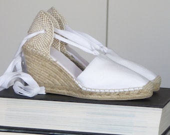 Lace Up espadrille high wedges (9cm-3.54i) - VISIBLE SEAM WHITE - made in spain - www.mumicospain.com