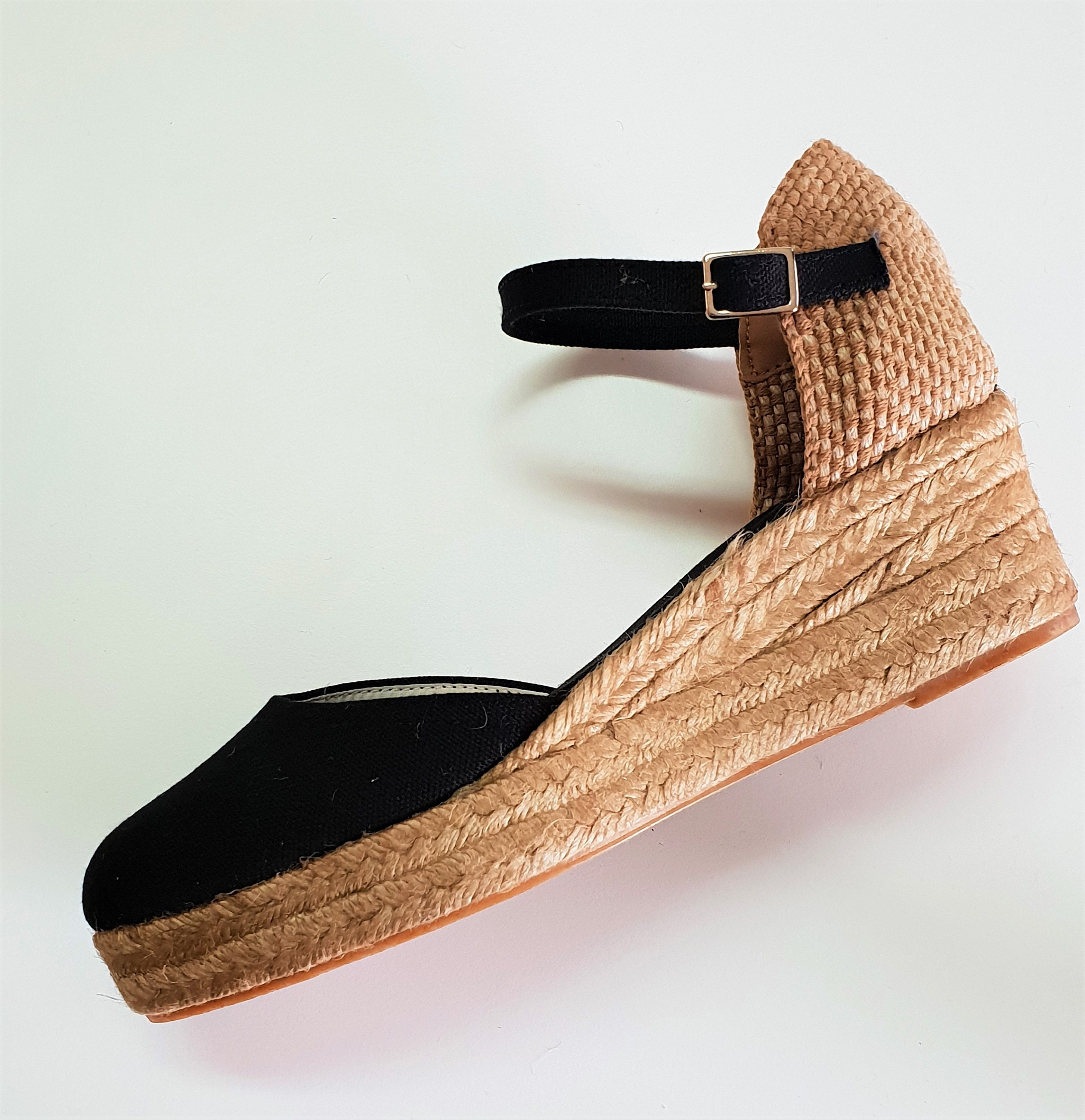 ESPADRILLES WEDGES PLATFORM - Ankle strap espadrille low wedges with platform - black canvas