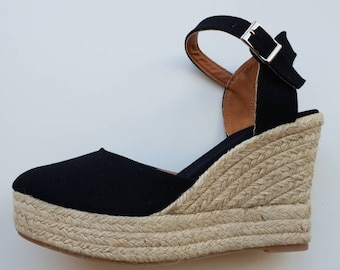 Espadrille platform wedges - black cotton - yute shoes, ecologic, organic, sustainable sandals - made in spain