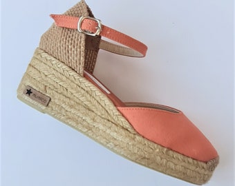 ESPADRILLES WEDGES PLATFORM - Ankle strap espadrille low wedges with platform -  dARK aMBER canvas - made in Spain - organic sustainable