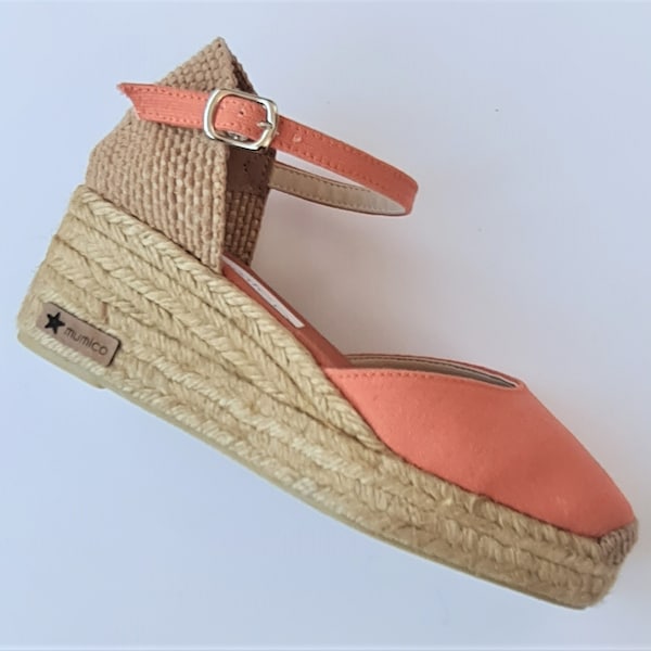 ESPADRILLES WEDGES PLATFORM - Ankle strap espadrille low wedges with platform -  dARK aMBER canvas - made in Spain - organic sustainable