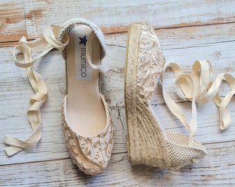 Special collection - Espadrille wEDGE pUMPS - CHAMPAGNE EMBROIDERY - organic vegan sustainable - Lace Up  (7cm - 2.76i) - Made in Spain