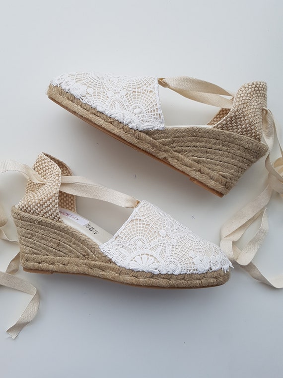 Lace-up espadrille wedges - VINTAGE LACE - made in spain - natural, sustainable, vegan shoes