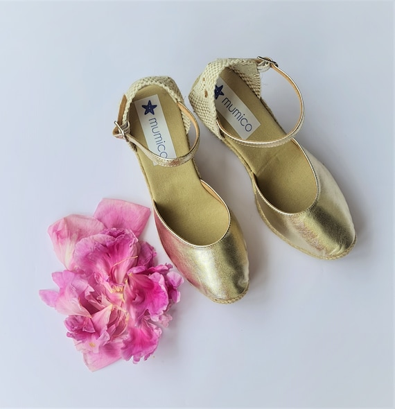 size EU 36 / US 6: espadrille platform wedges - ankle strap - golden leather - made in Spain - organic, sustainable shoes