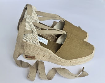 Lace Up espadrille high wedges with platform (8cm-3.15i) - army green - Made in Spain - www.mumicospain.com