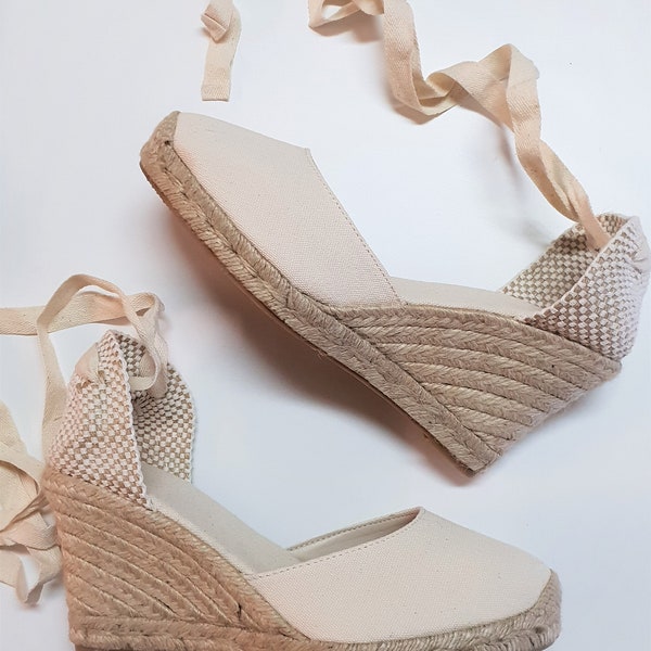 ESPADRILLES WEDGES - PUMPS - organic vegan sustainable - Lace Up  (9cm - 3.54i) - front stitching/ ivory canvas - Made in Spain - vegan