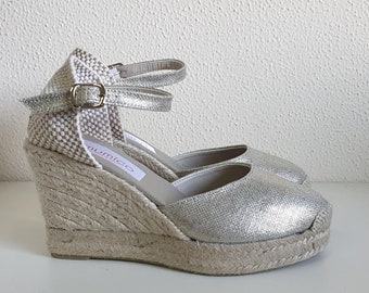 size EU 41 / US 9.5: espadrille platform wedges - ankle strap - silver canvas - made in Spain - organic, ecologic, sustainable shoes