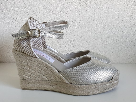 size EU 41 / US 9.5: espadrille platform wedges - ankle strap - silver canvas - made in Spain - organic, ecologic, sustainable shoes
