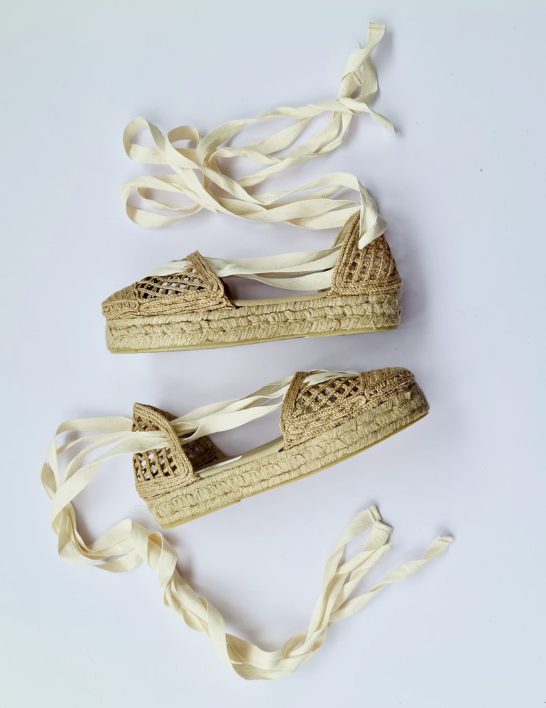 Lace up NATURAL RAFFIA ESPADRILLE flatforms made in Spain ecologic, sustainable, vegan image 5