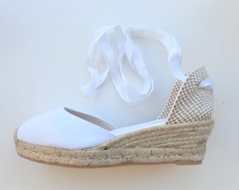 ESPADRILLES WEDGES - PUMPS - organic vegan sustainable - Lace Up  (5cm - 1.97i) - front stitching/ white - Made in Spain