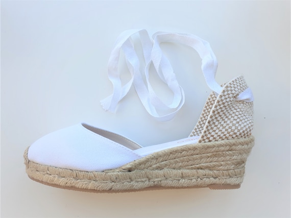 ESPADRILLES WEDGES - PUMPS - organic vegan sustainable - Lace Up  (5cm - 1.97i) - front stitching/ white - Made in Spain