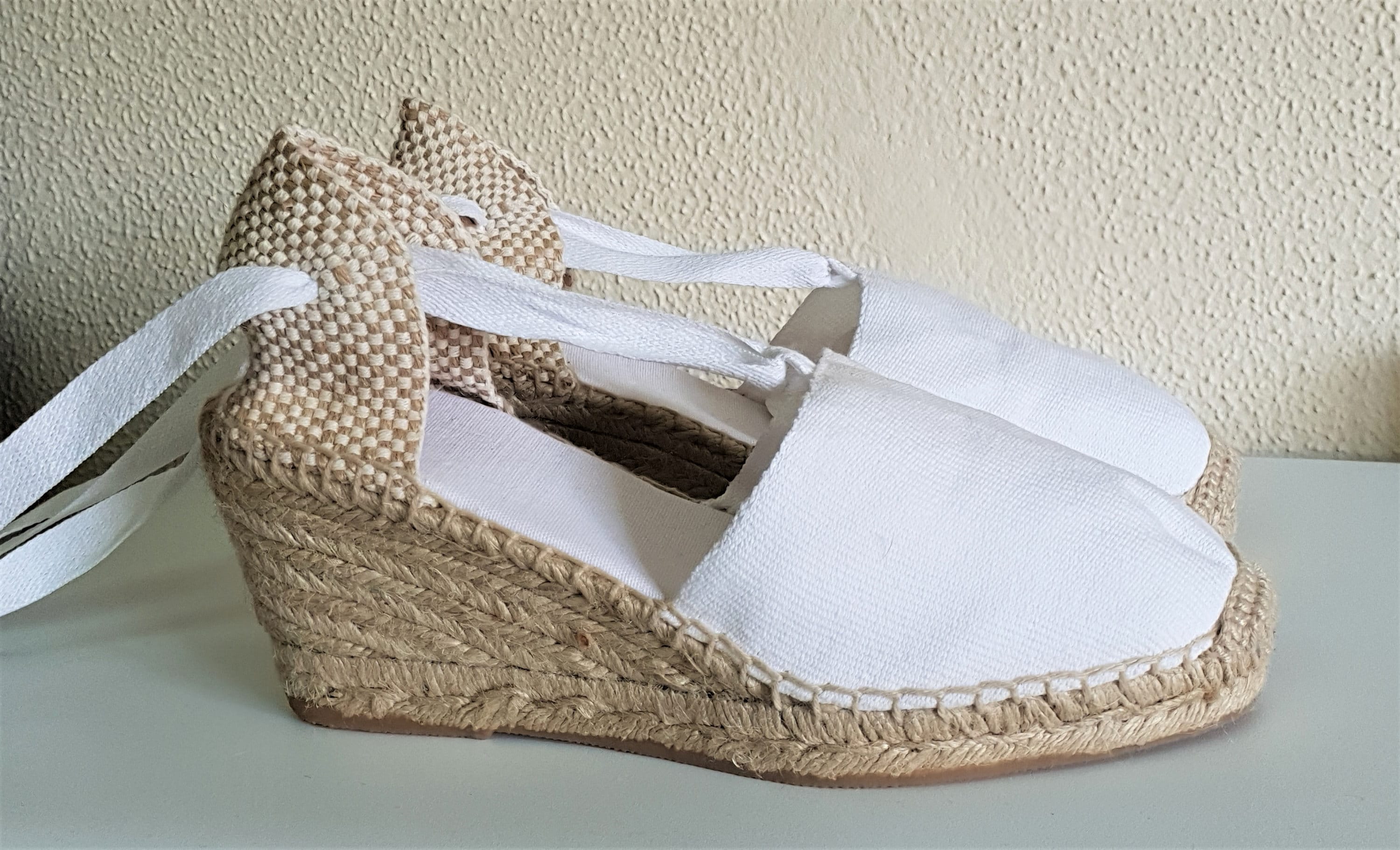 Lace Up espadrille high wedges (7cm-2.76) - VISBLE SEAM / WHITE - made ...