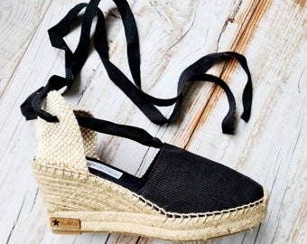 Lace Up espadrille high wedges with platform (8cm-3.15i) - visible seam / black - Made in Spain - www.mumicospain.com