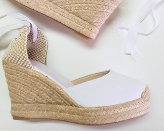 Lace Up pump espadrille wedges with platform (10cm - 3.94i) - brides collection - WHITE - Made in Spain - natural, vegan, sustainable