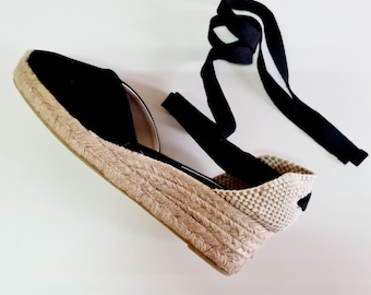 ESPADRILLES WEDGES PUMPS - heart shaped - organic vegan sustainable - Lace Up  (5cm - 1.97i) - front stitching/ black - Made in Spain