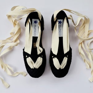 Lace up BLACK RAFFIA ESPADRILLE flatforms - made in Spain - ecologic, sustainable, vegan