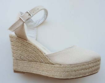 Espadrille platform wedges - ankle strap - ivory cotton - made in spain - ecologic, organic, sustainable shoes