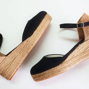 EU 35/ US 5 - ESPADRILLES platform wedges: Ankle strap espadrille low wedges with platform / made in Spain - natural, sustainable