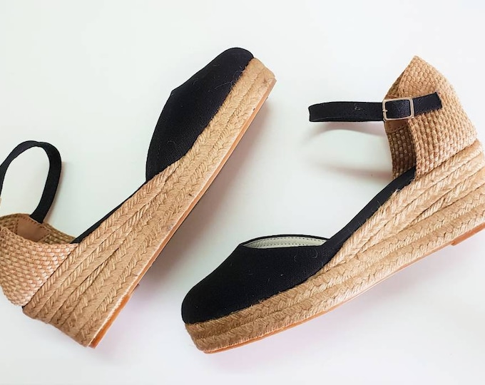 ESPADRILLES PLATFORMS WEDGES: Ankle strap espadrille low wedges with platform / Front stitching / made in Spain - natural, sustainable