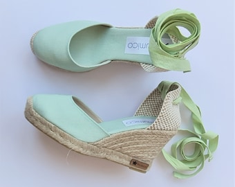 Espadrille wedges - pumps - organic vegan sustainable - Lace Up  (9cm - 3.54i) - sage canvas - Made in Spain - vegan