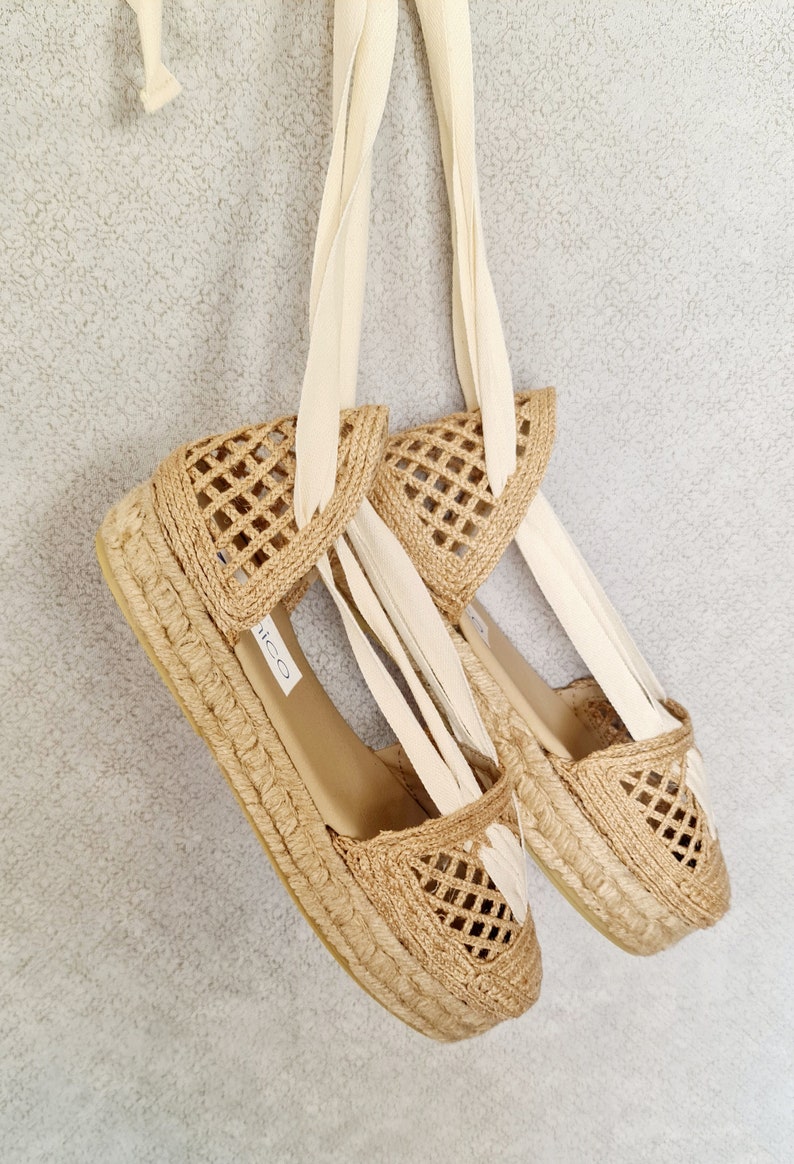 Lace up NATURAL RAFFIA ESPADRILLE flatforms made in Spain ecologic, sustainable, vegan image 3