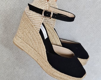 Ankle strap pump espadrille wedges with platform (10cm - 3.94i) - brides collection - BLACK - Made in Spain - natural, vegan, sustainable