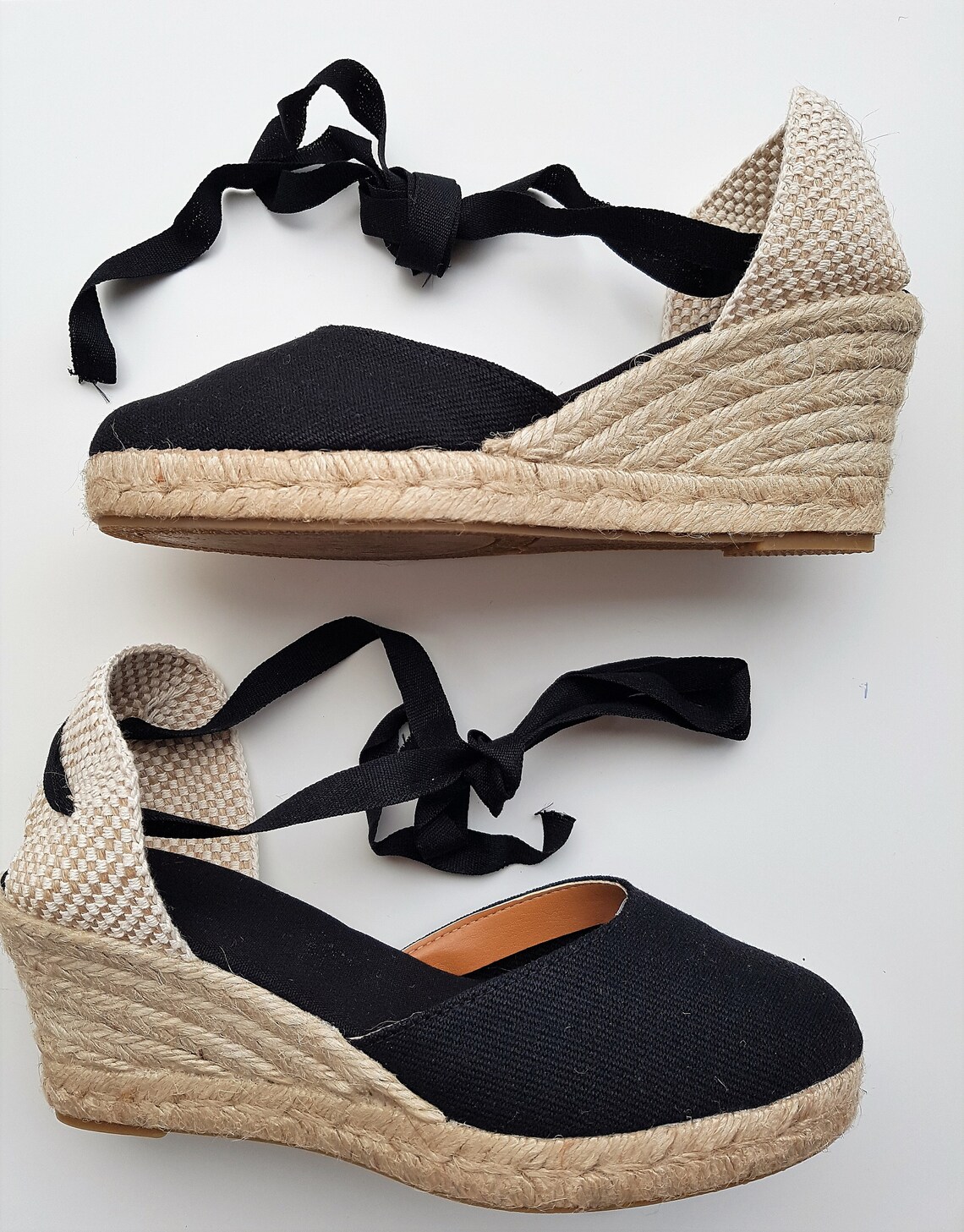 Lace Up espadrille WEDGES BLACK PUMPS Made in Spain | Etsy