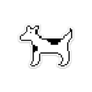 May include: Black and white pixel art illustration of a dog. The dog is standing on all four legs and has a black spot on its back.