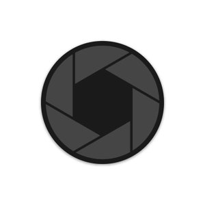 May include: A black and white camera lens aperture icon. The aperture blades are open, creating a circular shape.