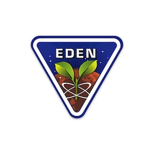 Peut inclure: Un écusson triangulaire avec un fond bleu foncé et une bordure blanche. Le mot "EDEN" est en haut en lettres blanches. À l'intérieur du triangle se trouve une pousse avec des feuilles vertes, de la terre brune et un motif circulaire blanc.