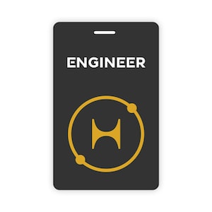 May include: Black badge with white text "ENGINEER" and a gold circle with a stylized letter "H" inside. The circle has two small gold dots on the top and bottom.